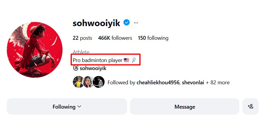 सोह वूई यिक के आईजी के रूप में अपनी स्थिति दिखा रहे हैं "प्रो बैडमिंटन खिलाड़ी 🇲🇾 🏸". (फोटो: सोह वूई यिक के आईजी)